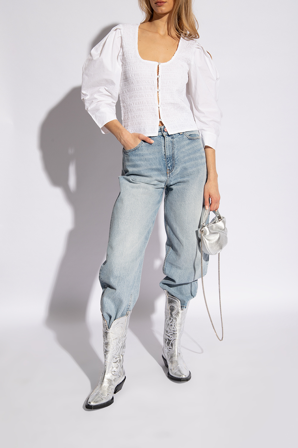 ミドルブーツ GANNI Women Boots S2427018 Silver Silver Silver Mid Shaft Embroidered Western Boots | GANNI US
